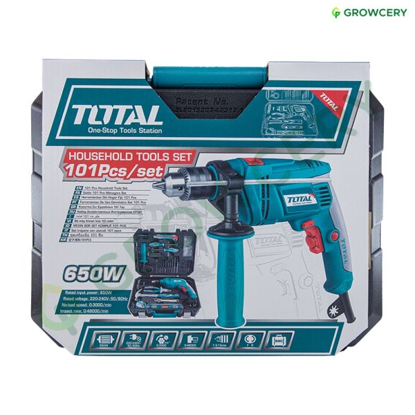 ชุดสว่านกระแทก พร้อมเครื่องมือช่าง 101 ชิ้น 650W ยี่ห้อ Total รุ่น THKTHP1012 